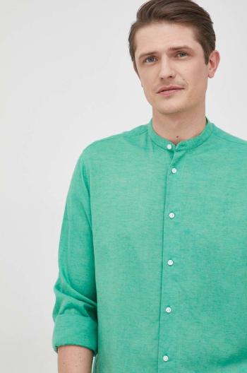 Košile ze směsi lnu Liu Jo pánská, zelená barva, regular, se stojáčkem