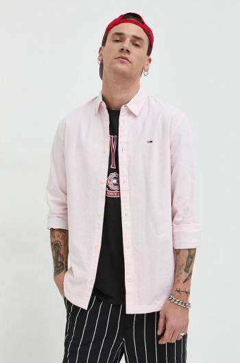 Bavlněné tričko Tommy Jeans růžová barva, regular, s klasickým límcem