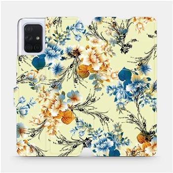 Flipové pouzdro na mobil Samsung Galaxy A71 - MX05S Modré a oranžové květy na žlutém pozadí (5903516148240)