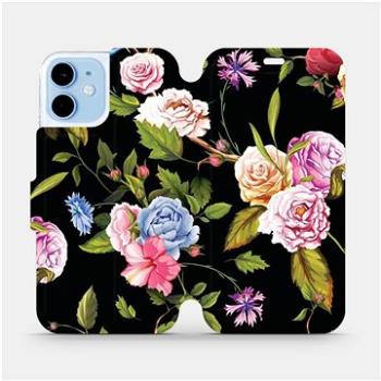 Flipové pouzdro na mobil Apple iPhone 12 mini - VD07S Růže a květy na černém pozadí (5903516373017)