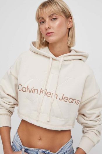 Bavlněná mikina Calvin Klein Jeans dámská, béžová barva, s kapucí, s aplikací, J20J222540