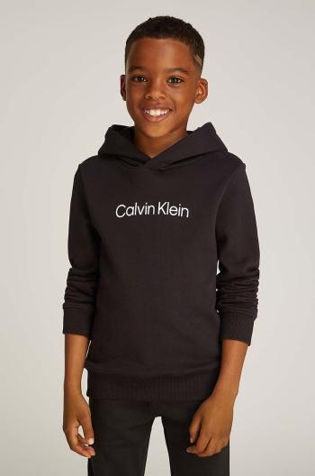 Dětská bavlněná mikina Calvin Klein Jeans černá barva, s kapucí, s potiskem, IU0IU00679