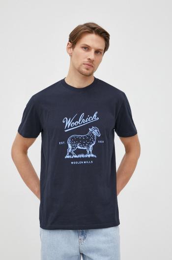Bavlněné tričko Woolrich tmavomodrá barva, s potiskem