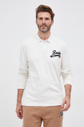 Bavlněné tričko s dlouhým rukávem Boss krémová barva, s aplikací