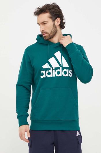 Bavlněná mikina adidas pánská, zelená barva, s kapucí, s potiskem, IS1354