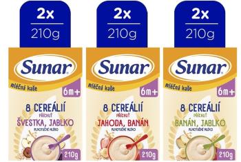 Sunar mléčná kaše 8 cereálií mix příchutí, 6m+, 6 x 210 g