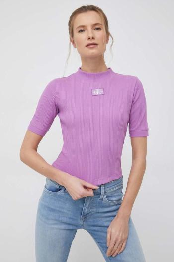 Tričko Calvin Klein Jeans fialová barva, s pologolfem