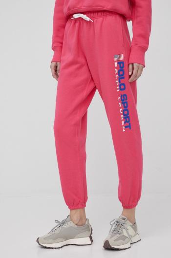 Kalhoty Polo Ralph Lauren dámské, růžová barva, s potiskem