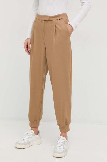 Vlněné kalhoty BOSS dámské, béžová barva, high waist