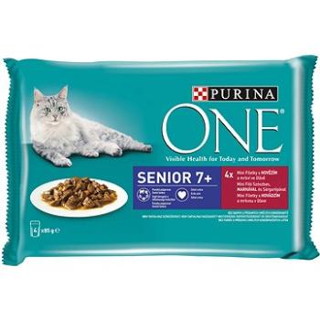 Purina ONE Senior 7+ minifiletky s hovězím a mrkví ve šťávě 4 × 85 g (7613287367259)