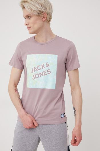 Bavlněné tričko Jack & Jones fialová barva, s potiskem