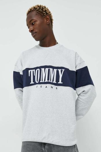 Bavlněná mikina Tommy Jeans pánská, šedá barva, s aplikací