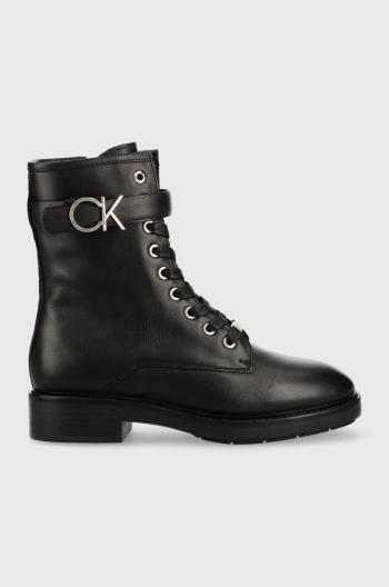 Kožené kotníkové boty Calvin Klein Rubber Sole Combat Boot dámské, černá barva, na plochém podpatku