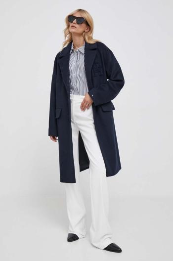 Vlněný kabát Tommy Hilfiger tmavomodrá barva, přechodný, oversize, WW0WW39756