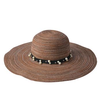 Hnědý pruhovaný klobouk s páskem a perličkami - Ø 58 cm JZHA0070