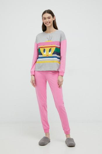 Bavlněné pyžamo United Colors of Benetton X Looney Tunes, Sylwester I Tweety růžová barva, bavlněná