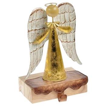 Anděl plech + dřevo s háčkem 24cm - zlatý (8595138558322)
