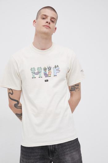 Bavlněné tričko HUF krémová barva, s potiskem
