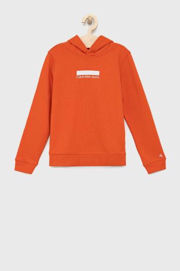 Dětská mikina Calvin Klein Jeans oranžová barva, s kapucí, hladká