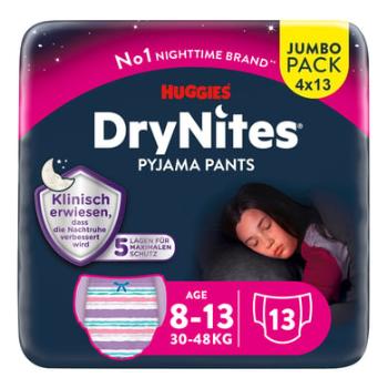 Huggies DryNites pyžamové kalhoty na jedno použití pro dívky 8-15 let jumbo pack 4 x 13