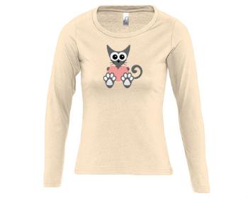 Dámské tričko dlouhý rukáv kulatý výstřih Kočka a srdce