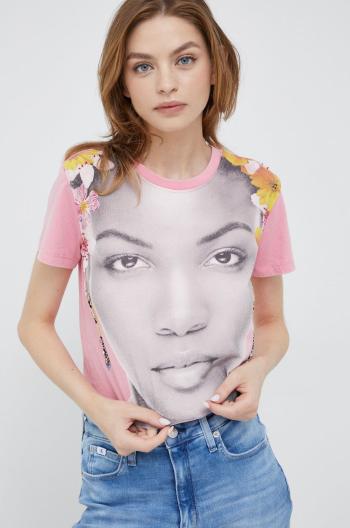 Bavlněné tričko Desigual růžová barva