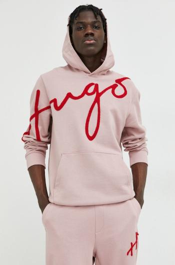 Bavlněná mikina HUGO pánská, růžová barva, s kapucí, s aplikací
