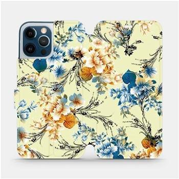 Flipové pouzdro na mobil Apple iPhone 12 Pro Max - MX05S Modré a oranžové květy na žlutém pozadí (5903516378135)
