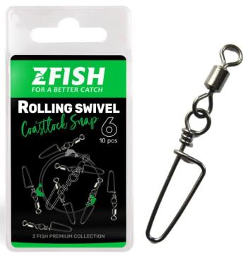 Zfish obratlík s karabinou rolling swivel & coastlock snap 10 ks - velikost 8 nosnost 25 kg