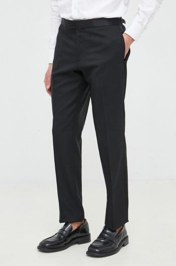 Vlněné kalhoty BOSS pánské, černá barva, jednoduché