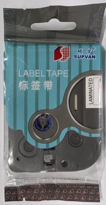 Samolepicí páska Supvan L-335E, 12mm x 8m, bílý tisk / černý podklad, laminovaná