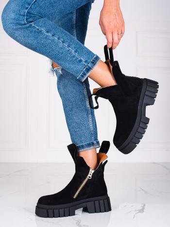 Luxusní dámské  kotníčkové boty černé na plochém podpatku