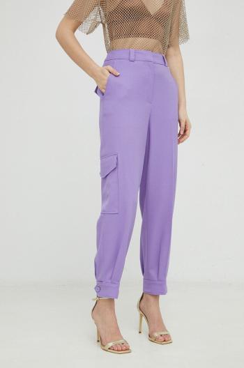 Vlněné kalhoty BOSS dámské, fialová barva, jednoduché, high waist