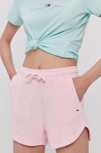 Kraťasy Tommy Jeans dámské, růžová barva, hladké, medium waist