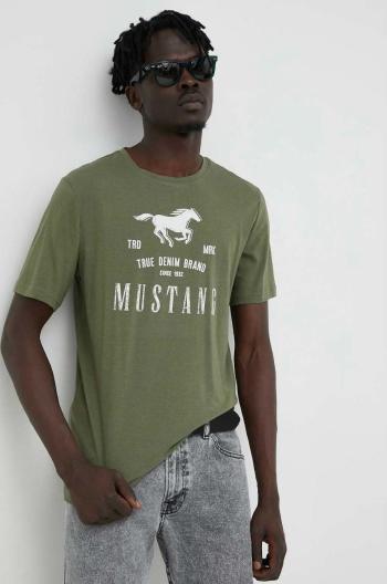 Bavlněné tričko Mustang zelená barva, s potiskem