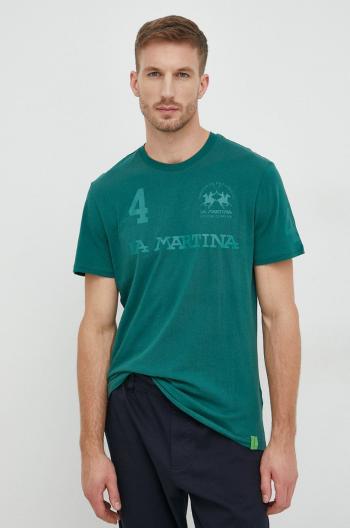 Bavlněné tričko La Martina zelená barva, s potiskem