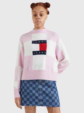 Tommy Jeans dámský růžovo-bílý svetr CHECKER FLAG