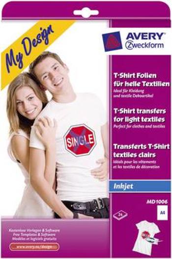 Inkoustová fólie na textil Avery-Zweckform My Design T-Shirt MD1006 A4 pro světlé textilie, optimalizovaný pro tisk inkoustem 24 listů