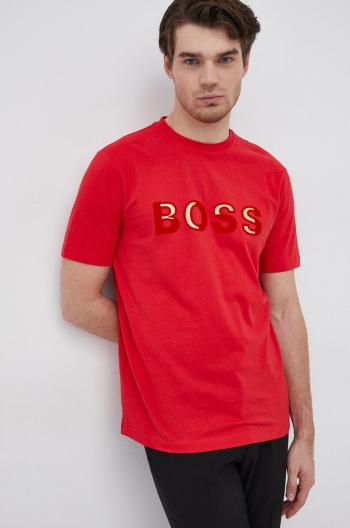 Bavlněné tričko Boss červená barva, hladké
