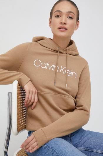 Mikina Calvin Klein dámská, béžová barva, s kapucí, s potiskem