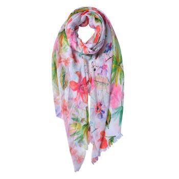 Bílý šátek s barevnými květinami a listy - 80*180 cm JZSC0569