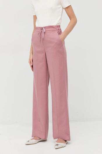 Kalhoty se směsi vlny Marella dámské, růžová barva, široké, high waist