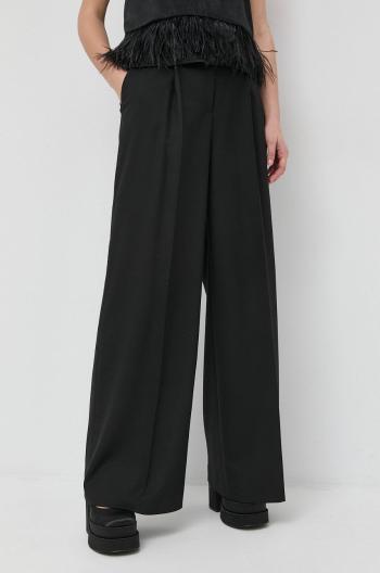 Vlněné kalhoty BOSS dámské, černá barva, široké, high waist