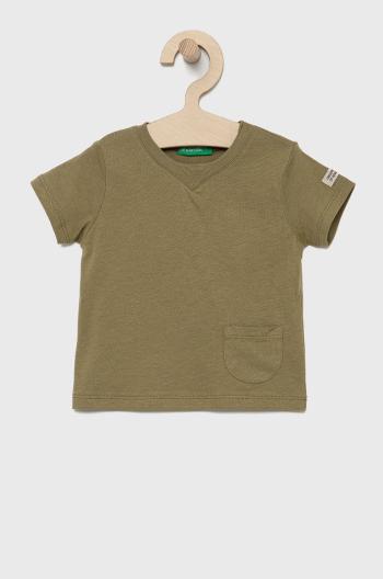 Dětské bavlněné tričko United Colors of Benetton zelená barva, hladký