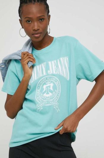 Bavlněné tričko Tommy Jeans tyrkysová barva