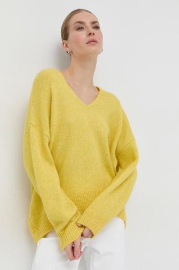 Vlněný svetr BOSS dámský, žlutá barva, hřejivý