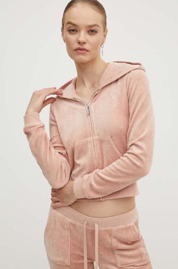 Velurová mikina Juicy Couture HERITAGE ROBYN HOODIE béžová barva, s kapucí, JCSEBJ007