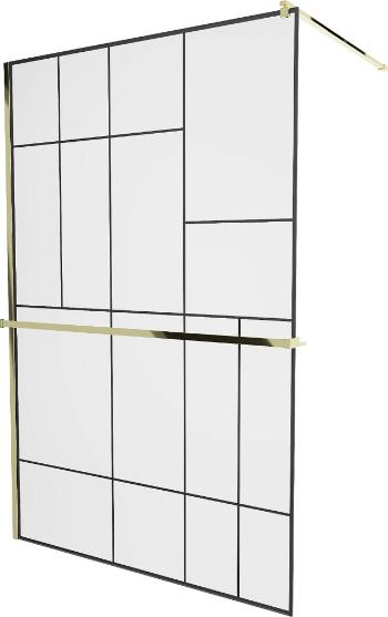 MEXEN/S KIOTO Sprchová zástěna WALK-IN s poličkou a držákem ručníků 70 x 200 cm, transparent/černá 8 mm, zlatá 800-070-121-50-78