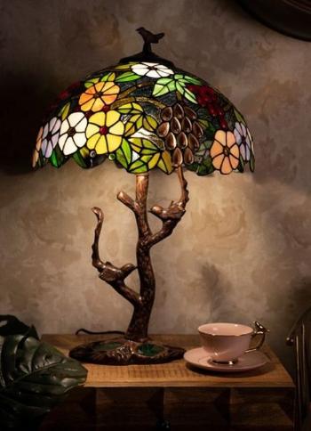 Stolní lampa Tiffany strom s květy a ptáčky Tree flower - Ø 41*57 cm E27/max 2*60W 5LL-6188