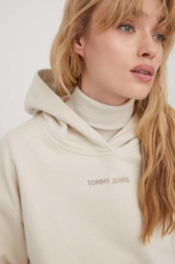 Bavlněná mikina Tommy Jeans dámská, béžová barva, s kapucí, s aplikací, DW0DW17329